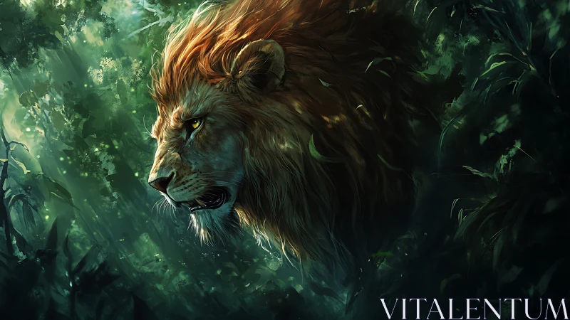Lion profile in dense green forest with diffused light.
