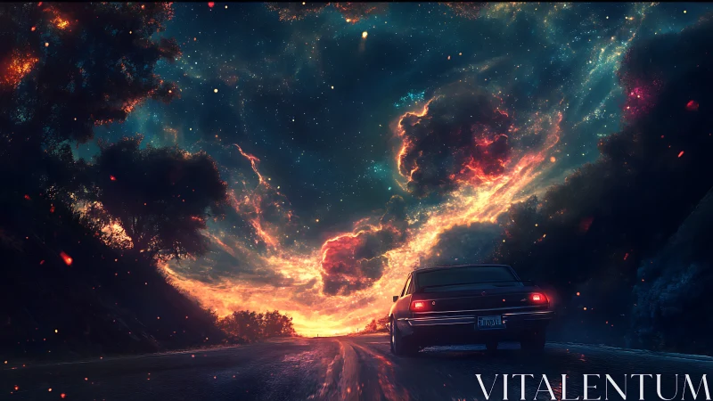 Car drives along wet road under cosmic storm sky