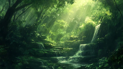 Luminous Forest Gorge with Cascading Waterfalls and Ethereal Light Rays.
