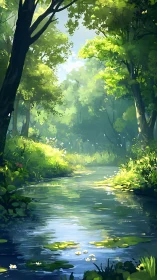 Sunlit Forest Stream: Nature's Peaceful Sanctuary.