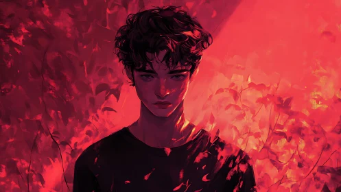 Digital portrait of young male figure in red foliage field.