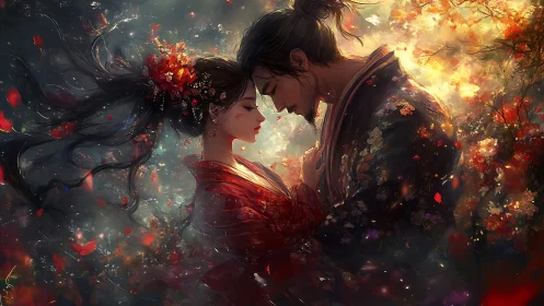 Intimate moment between two figures amid golden light.