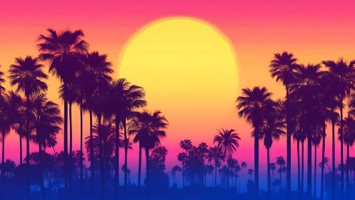 Sunlit palm grove glowing under a dreamy neon sunset.