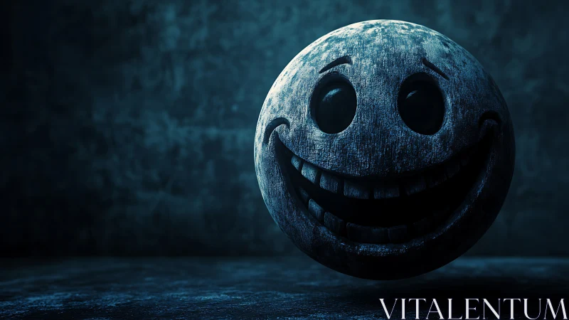 Distressed smiley sphere floats in moody blue studio light.