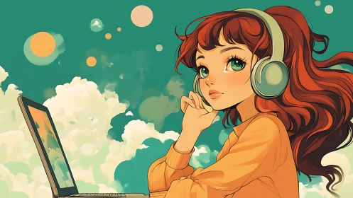 Girl with headphones daydreams beside laptop in soft clouds.
