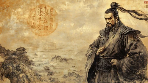 Ancient Chinese warlord figure beside mountainous coast landscape.