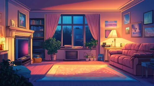 Cozy sunset-lit living room with plants and soft glow.