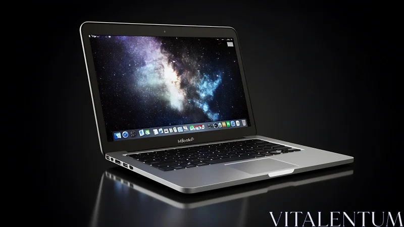 Slim silver laptop displays vivid galaxy desktop wallpaper