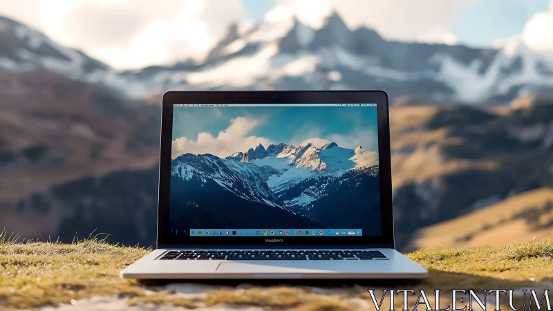 Laptop computer on grassy terrain before mountain range.