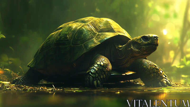 Tortoise moves through shallow forest water under diffuse light