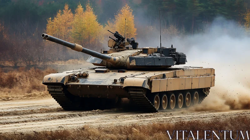 Main battle tank under dynamic field-trial maneuver testing.