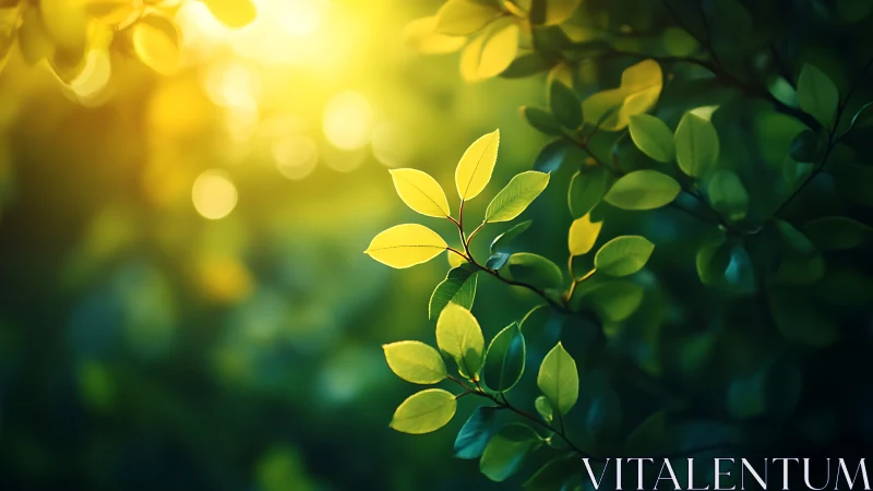 Sunlit green leaves in nature, dreamy bokeh background photography.
