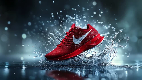 Red running shoe slices through water splash in motion