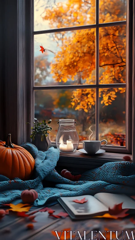 Cozy autumn window scene with pumpkin, coffee, and book.