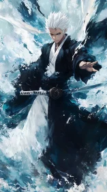 White-haired anime swordsman commands a roaring icy storm