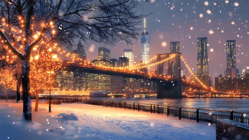 Snowy city bridge glows with cozy winter evening lights