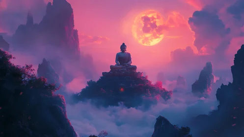 Moonlit zen colossus above candy-cloud mountains.