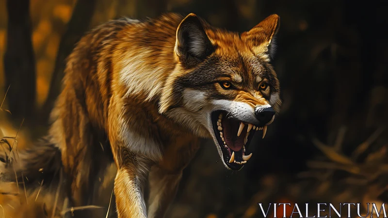 Snarling wolf strides through shadowed forest in autumn light