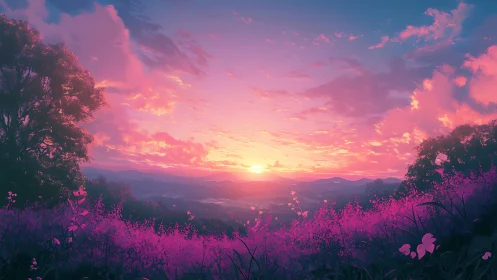 Vibrant digital sunset over violet wildflower valley.