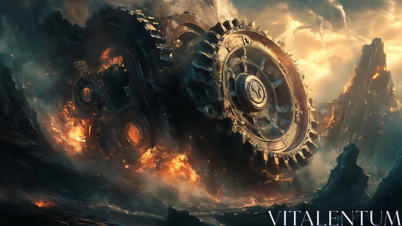 Gigantic burning machine gears in a collapsing wasteland.