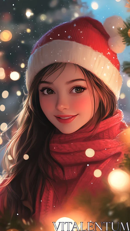 Smiling girl in Santa hat stands among warm holiday lights