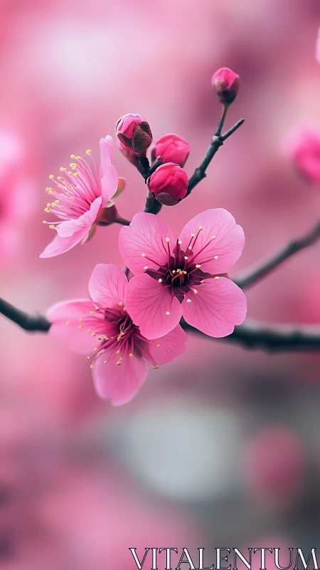 Pink flowering branch with buds against soft blurred background.