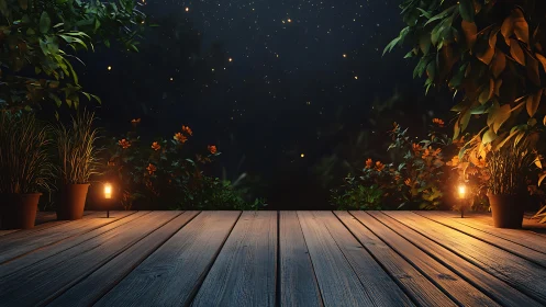 Wooden terrace with potted plants under night sky.
