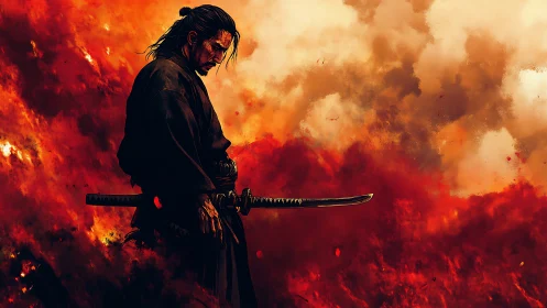 Lone samurai profile against infernal firestorm sky, katana drawn