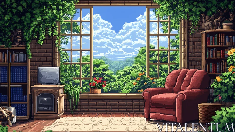 Pixel art reading room with garden window view.