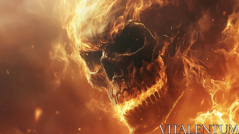Human skull rendered in flames against dark background.