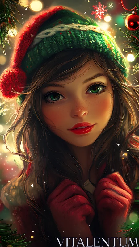 Digital portrait of girl in Christmas hat with festive lights.