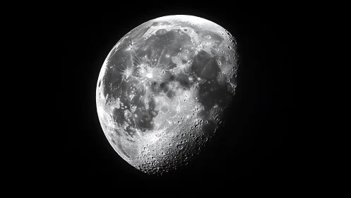 Lunar surface reveals crisp craters in stark contrast.