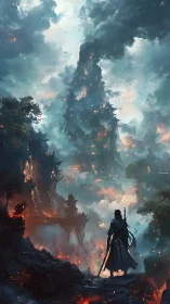 Warrior overlooks burning mountain citadel in stormlight.