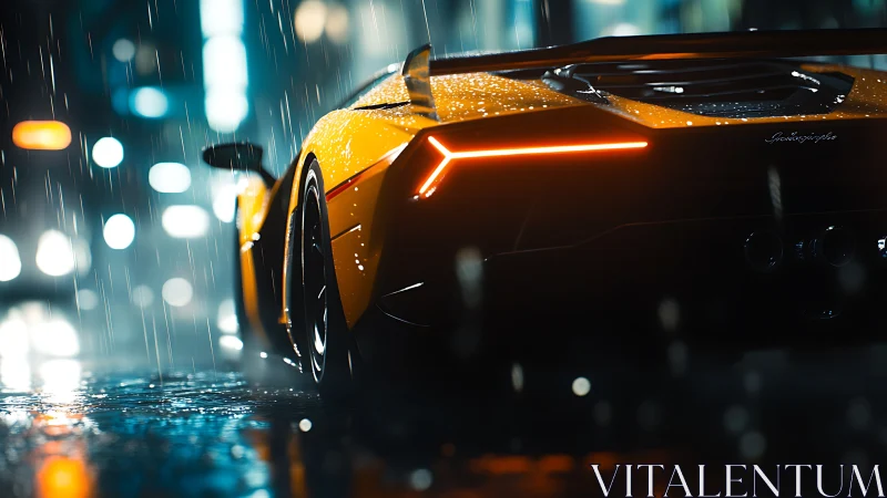 Rain-soaked supercar tail rendered with cinematic bokeh lighting
