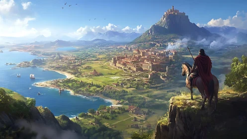 Sunlit coastal kingdom watched by a lone returning rider.