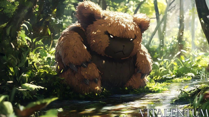 Grumpy furry bear creature crouched by forest stream.