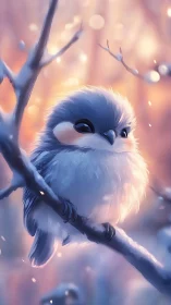 Fluffy blue songbird rests on frosted branch at sunrise.