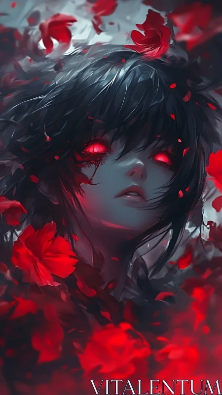 Digital portrait of red-eyed figure amid drifting petals.