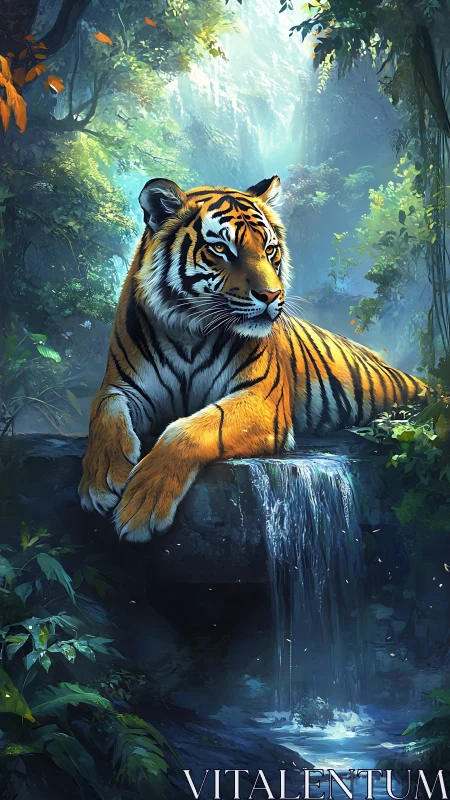 Tiger rests on mossy ledge above narrow forest waterfall