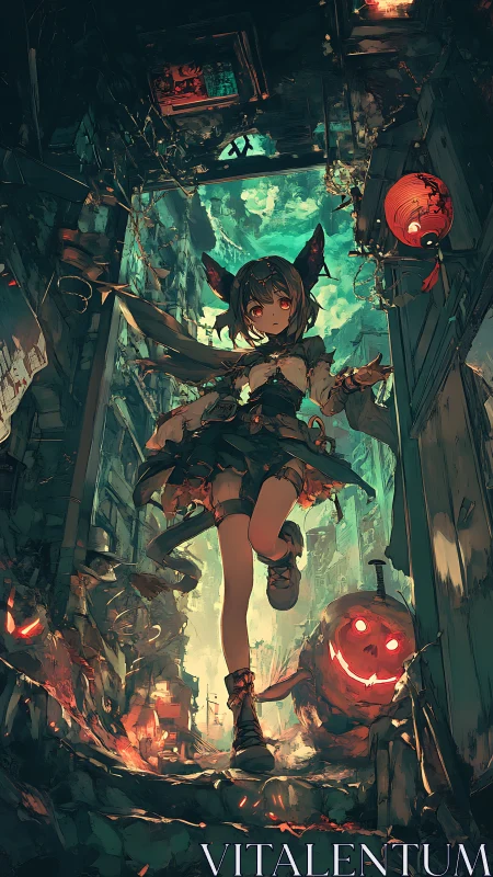 Gothic alley witch strides through burning jack-o-lantern chaos