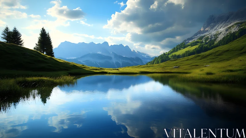 Mountain lake reflects dramatic clouds over green valley