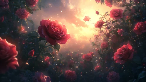 Red Roses Blooming in Golden Ethereal Light.