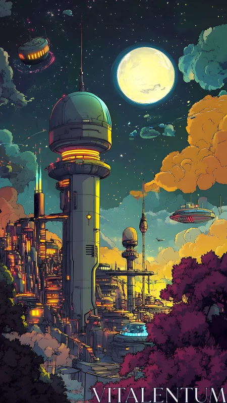 Futuristic moonlit cityscape with towers and air traffic.