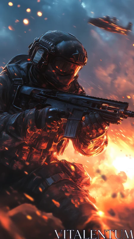 Armored futuristic soldier advances through blazing battlefield