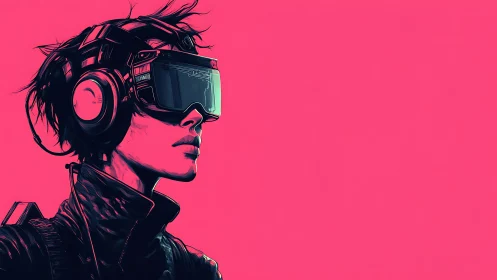 Neon-helmeted dreamer scans tomorrow from a hot pink void