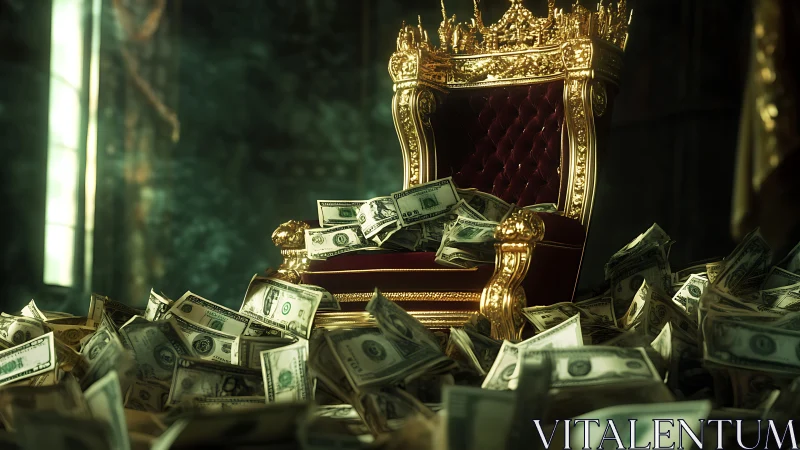 Golden throne of cash in a hazy dream of fortune.