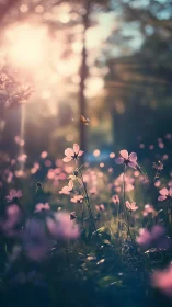 Pink flowers in soft focus field with bokeh lighting.