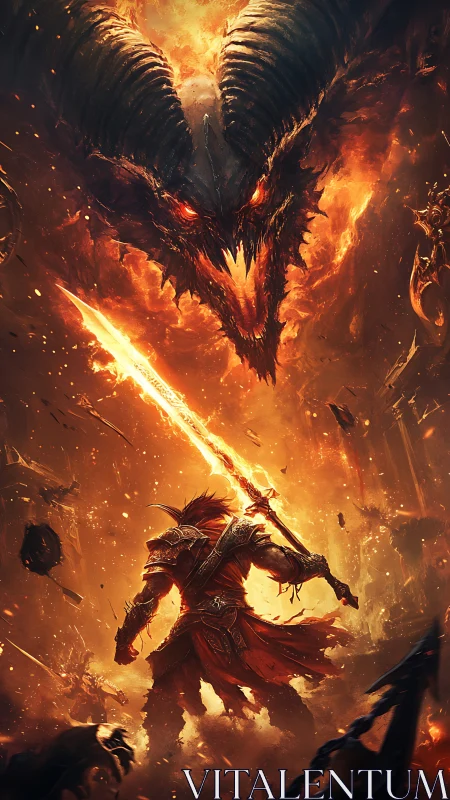 Armored warrior confronts horned fire-dragon amid eruptive inferno