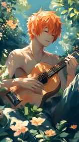 Orange haired boy playing acoustic guitar in garden