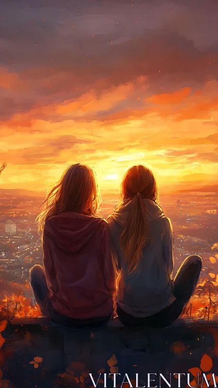 Backlit duo observing dusk skyline under saturated orange sky